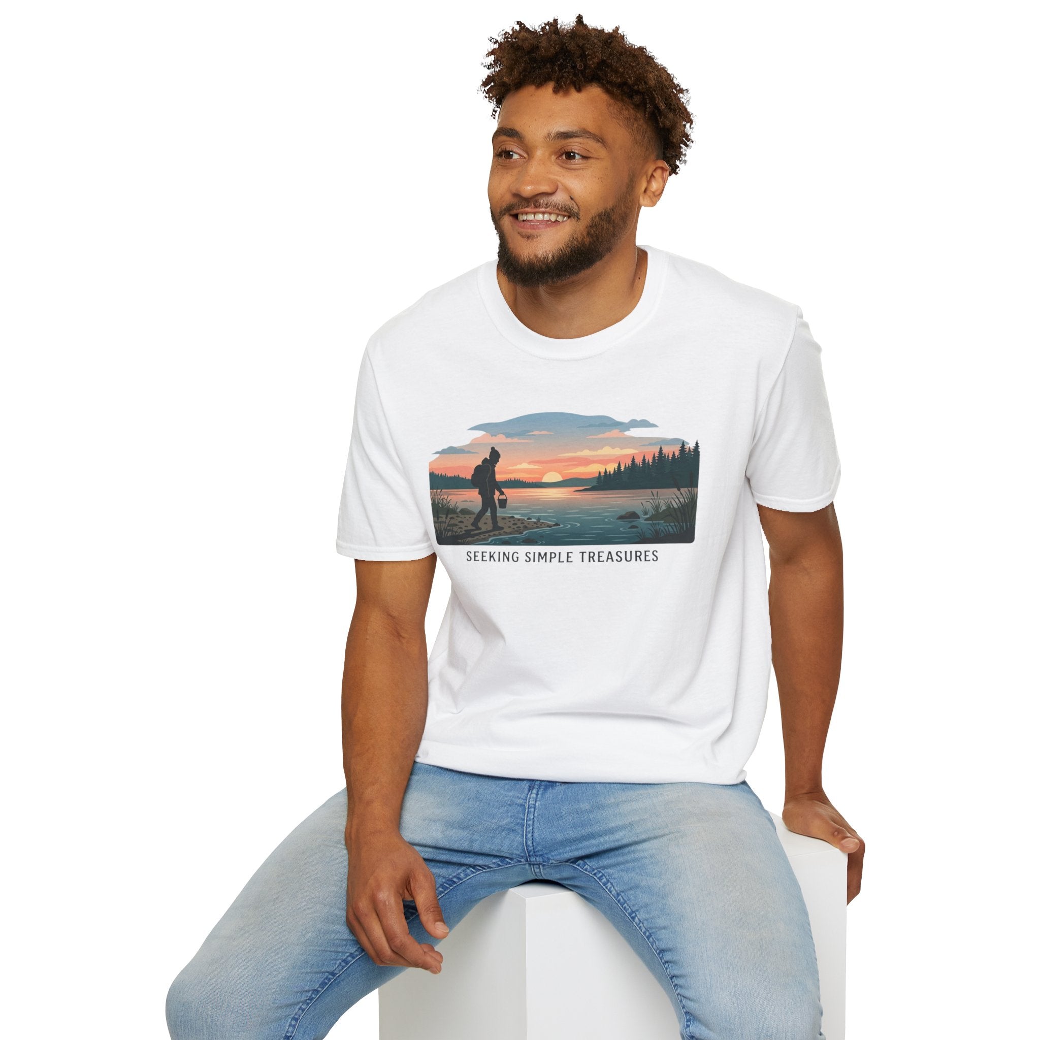 Outdoor T-Shirt — "Seeking Simple Treasures" Sunset Hiker Graphic