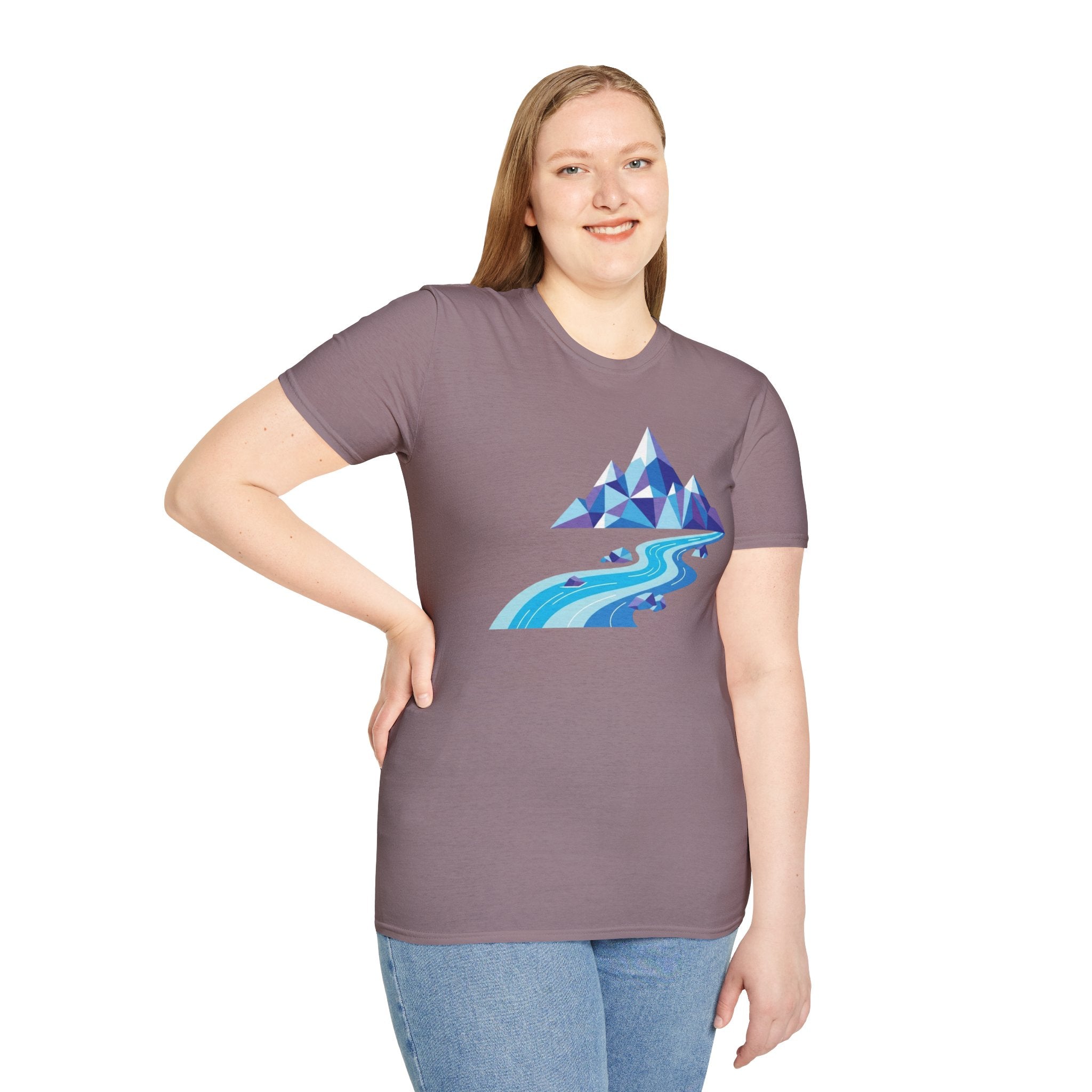 Mountain River T-Shirt — Geometric Blue Peaks & Flowing River