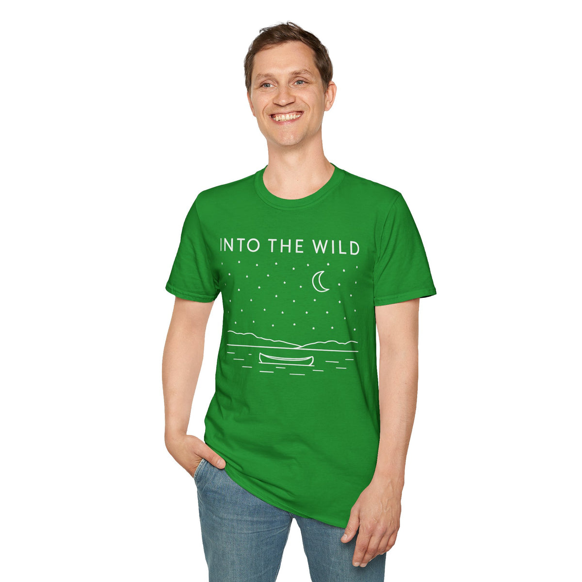 Into The Wild Canoe T-Shirt - Minimal Night Sky Lake Camping Tee