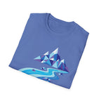 Mountain River T-Shirt — Geometric Blue Peaks & Flowing River