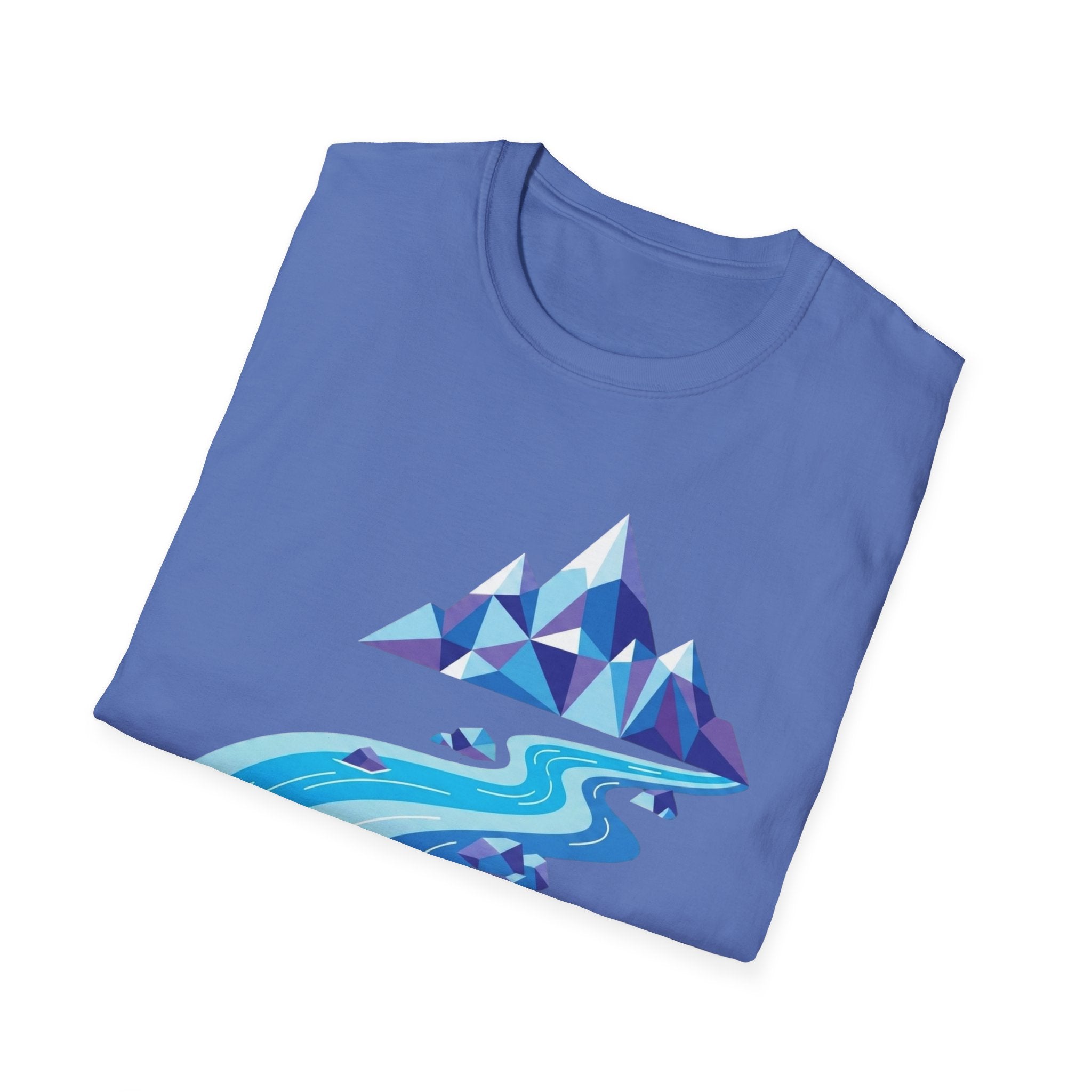 Mountain River T-Shirt — Geometric Blue Peaks & Flowing River