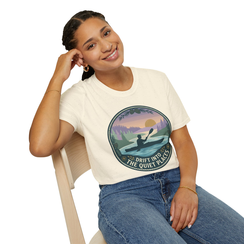 "Drift Into The Quiet Places" Kayak Sunset T‑Shirt — Outdoor Relaxation Tee Shirt
