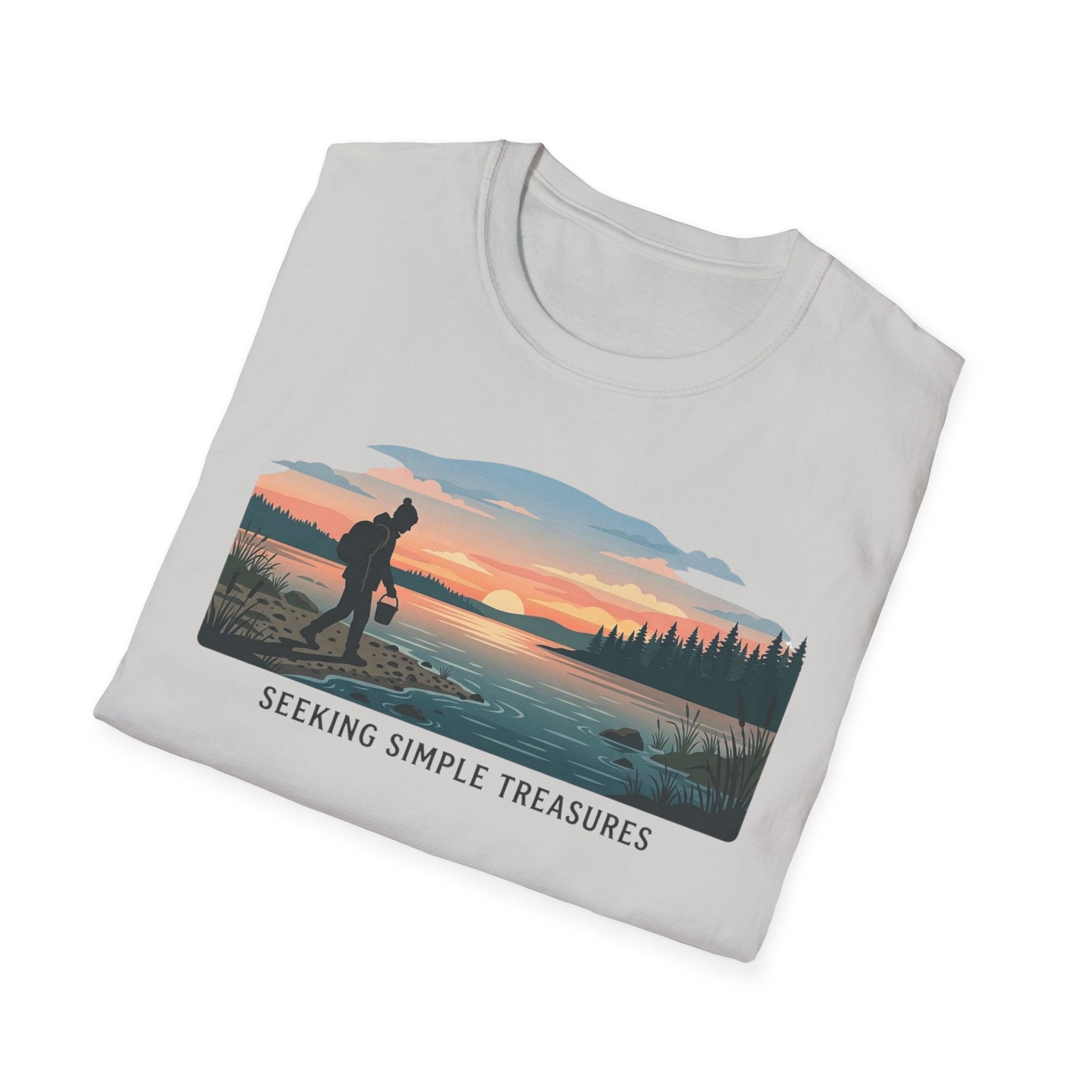 Outdoor T-Shirt — "Seeking Simple Treasures" Sunset Hiker Graphic