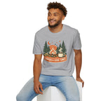 "Campfires & Good Times" T-Shirt — Retro Camping Tee with Bonfire, Trees & Coffee Mug