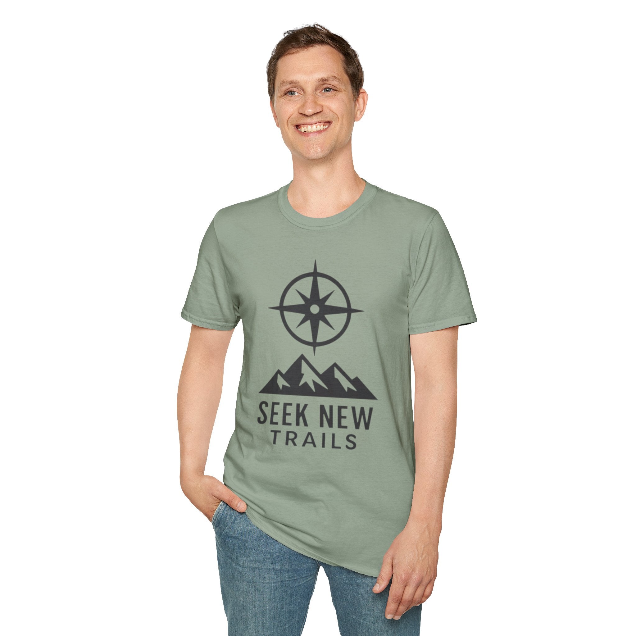 "Seek New Trails" Compass Over Mountains T-Shirt