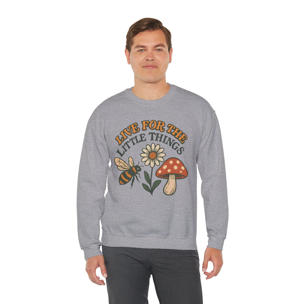 "Live For The Little Things" Bee, Daisy & Mushroom Retro Nature Design Crewneck Sweatshirt