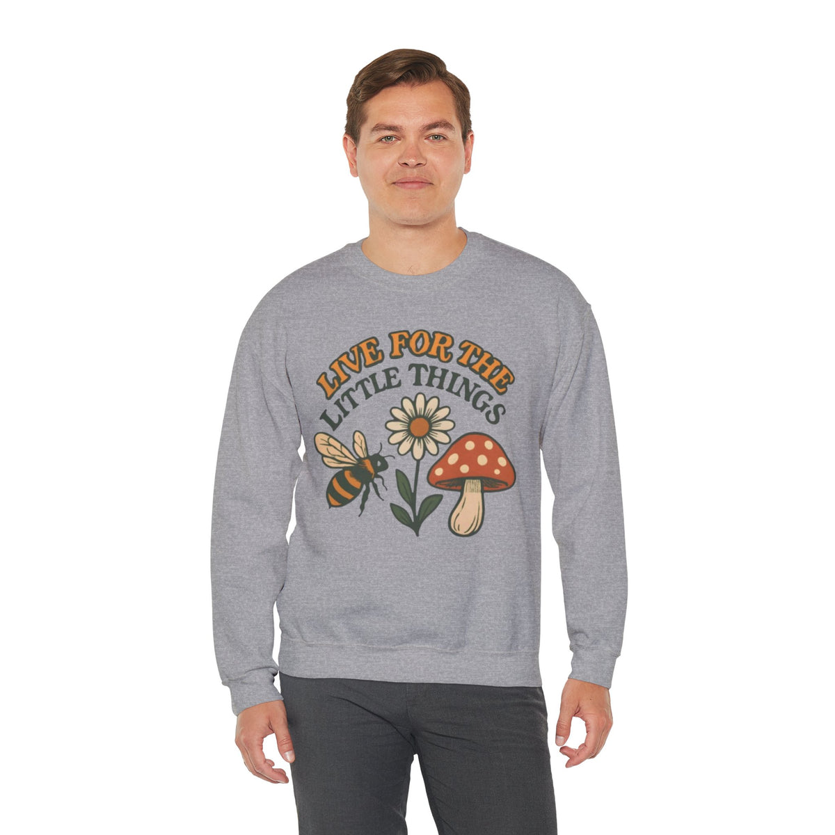 "Live For The Little Things" Bee, Daisy & Mushroom Retro Nature Design Crewneck Sweatshirt