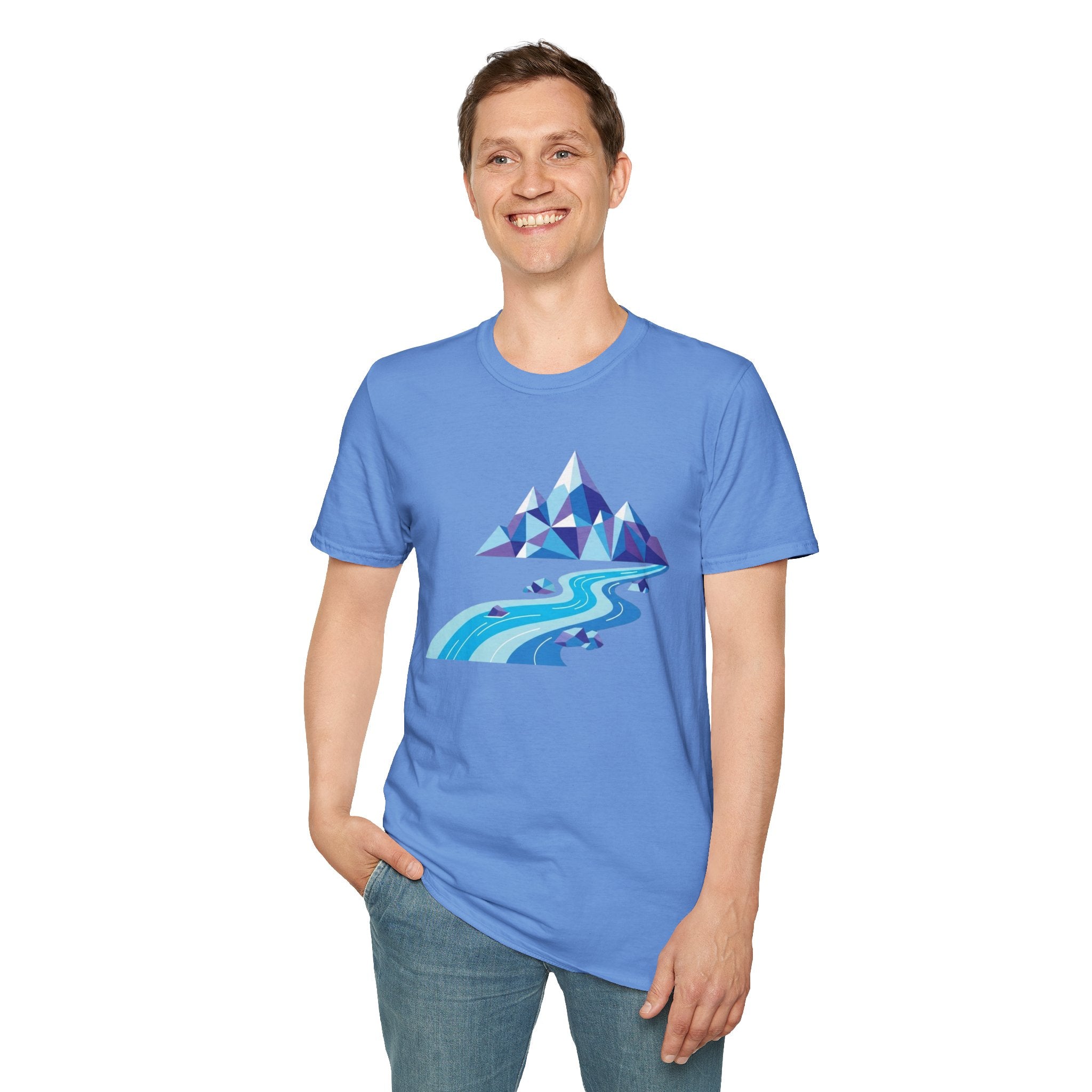 Mountain River T-Shirt — Geometric Blue Peaks & Flowing River