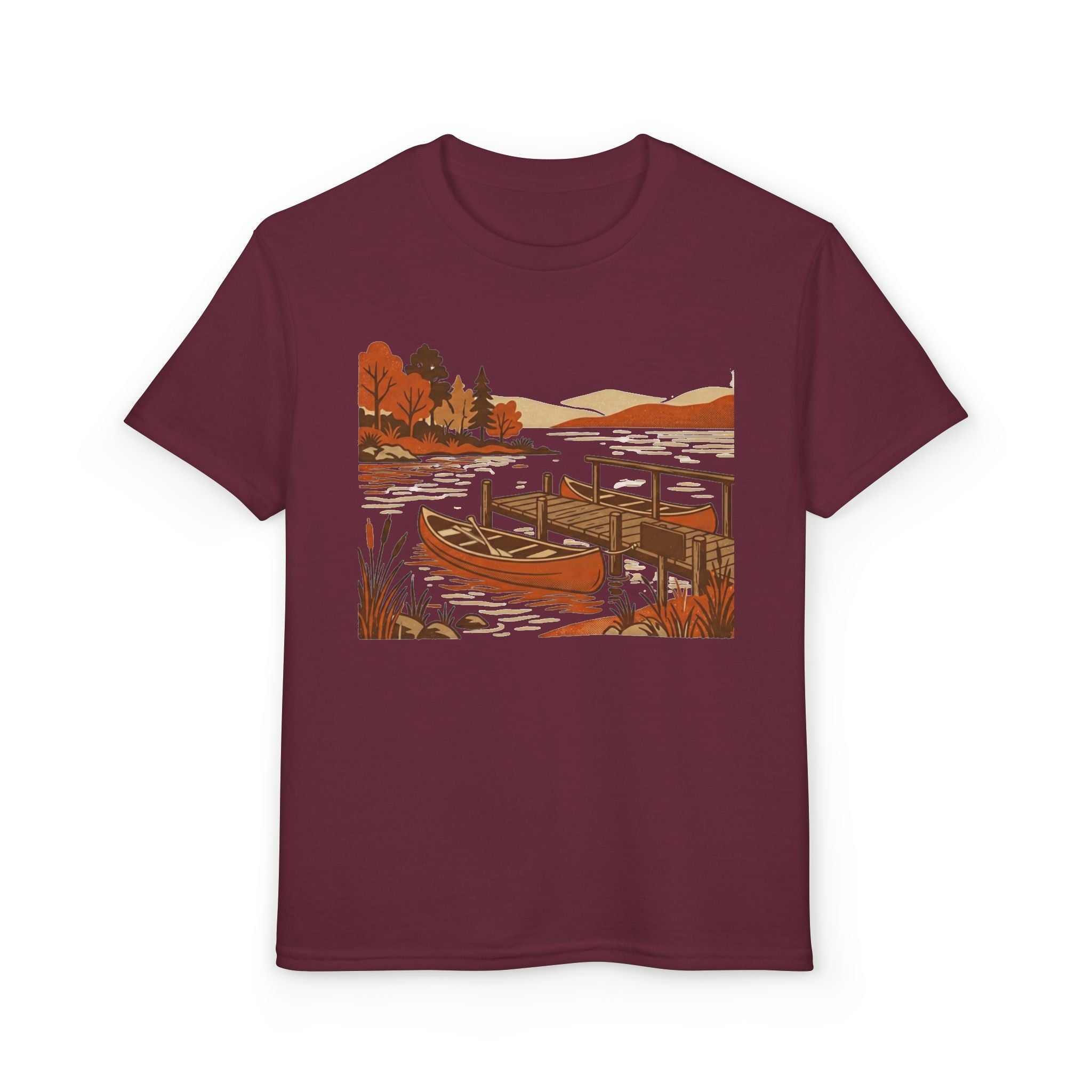 Youth T-Shirt — Autumn Lakeside Dock & Canoe Kids Tee