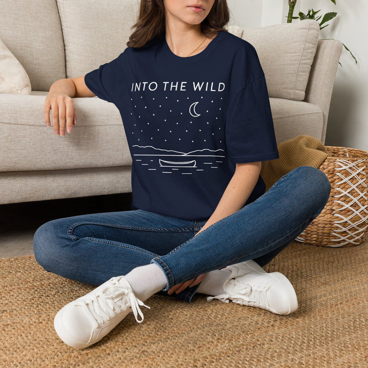 Into The Wild Canoe T-Shirt - Minimal Night Sky Lake Camping Tee