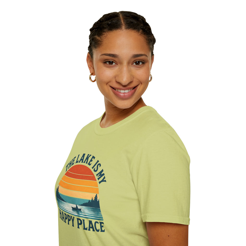 Canoe On The Lake At Sunset "The Lake Is My Happy Place" T-Shirt