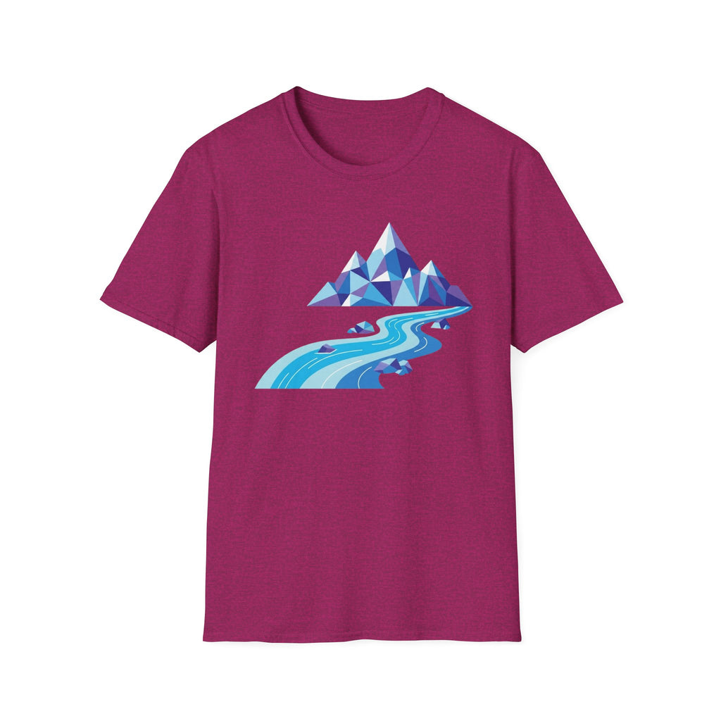 Mountain River T-Shirt — Geometric Blue Peaks & Flowing River
