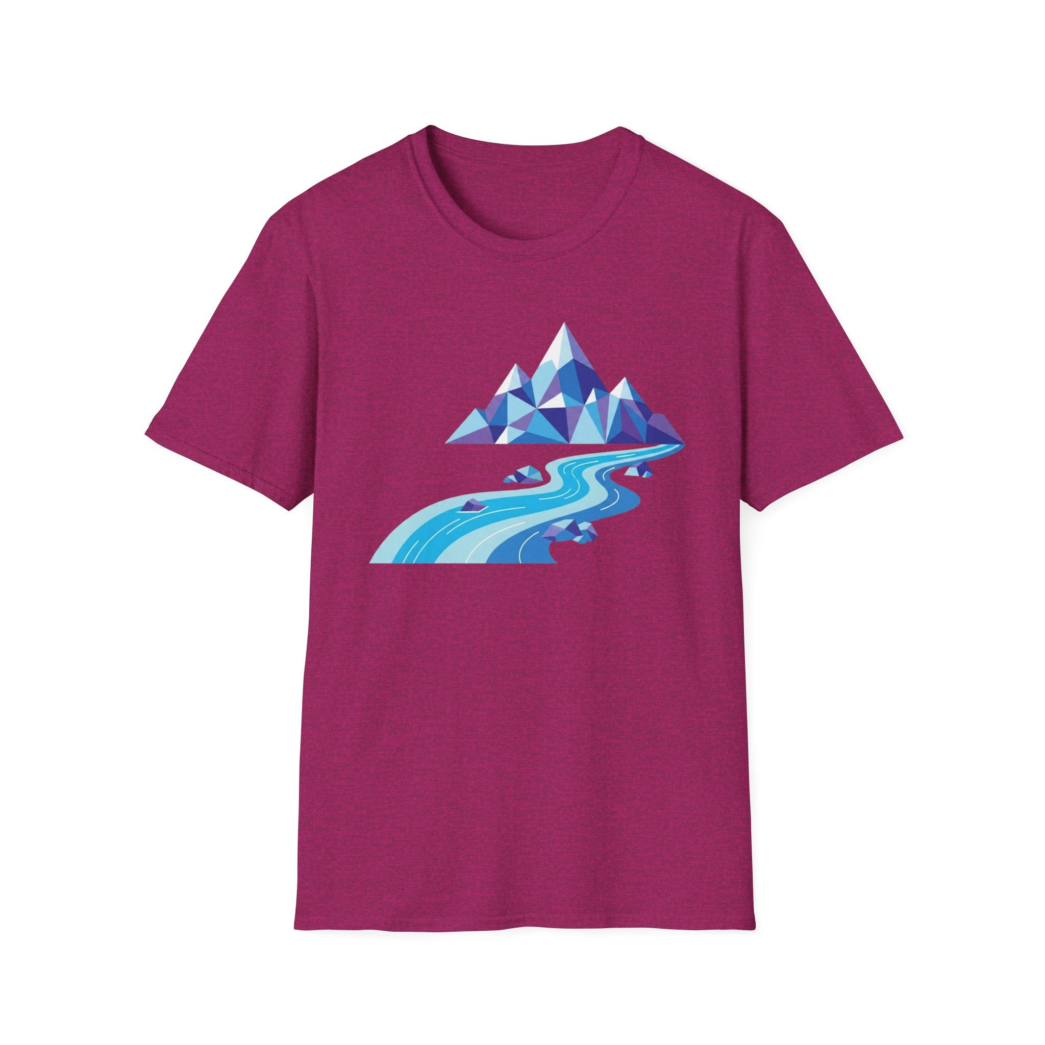 Mountain River T-Shirt — Geometric Blue Peaks & Flowing River
