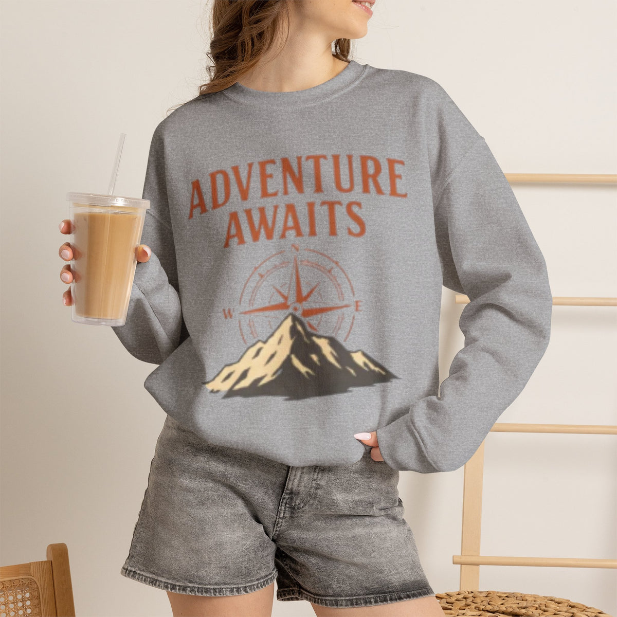 "Adventure Awaits" Mountain Compass Graphic Crewneck Sweatshirt