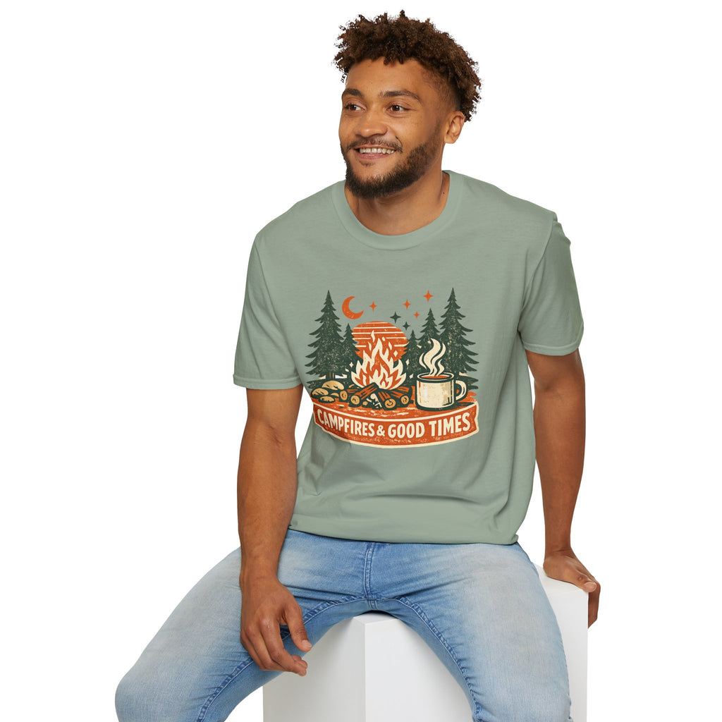 "Campfires & Good Times" T-Shirt — Retro Camping Tee with Bonfire, Trees & Coffee Mug