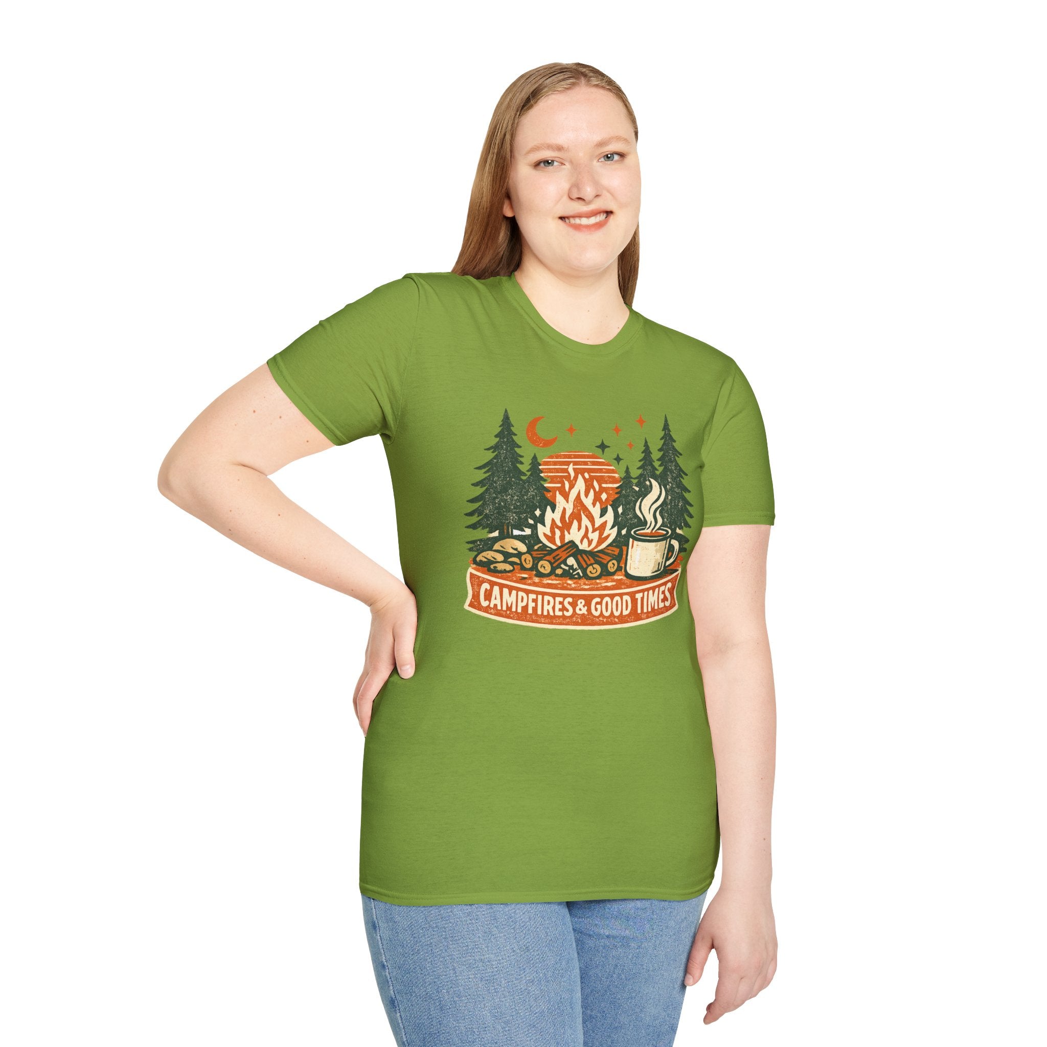 "Campfires & Good Times" T-Shirt — Retro Camping Tee with Bonfire, Trees & Coffee Mug