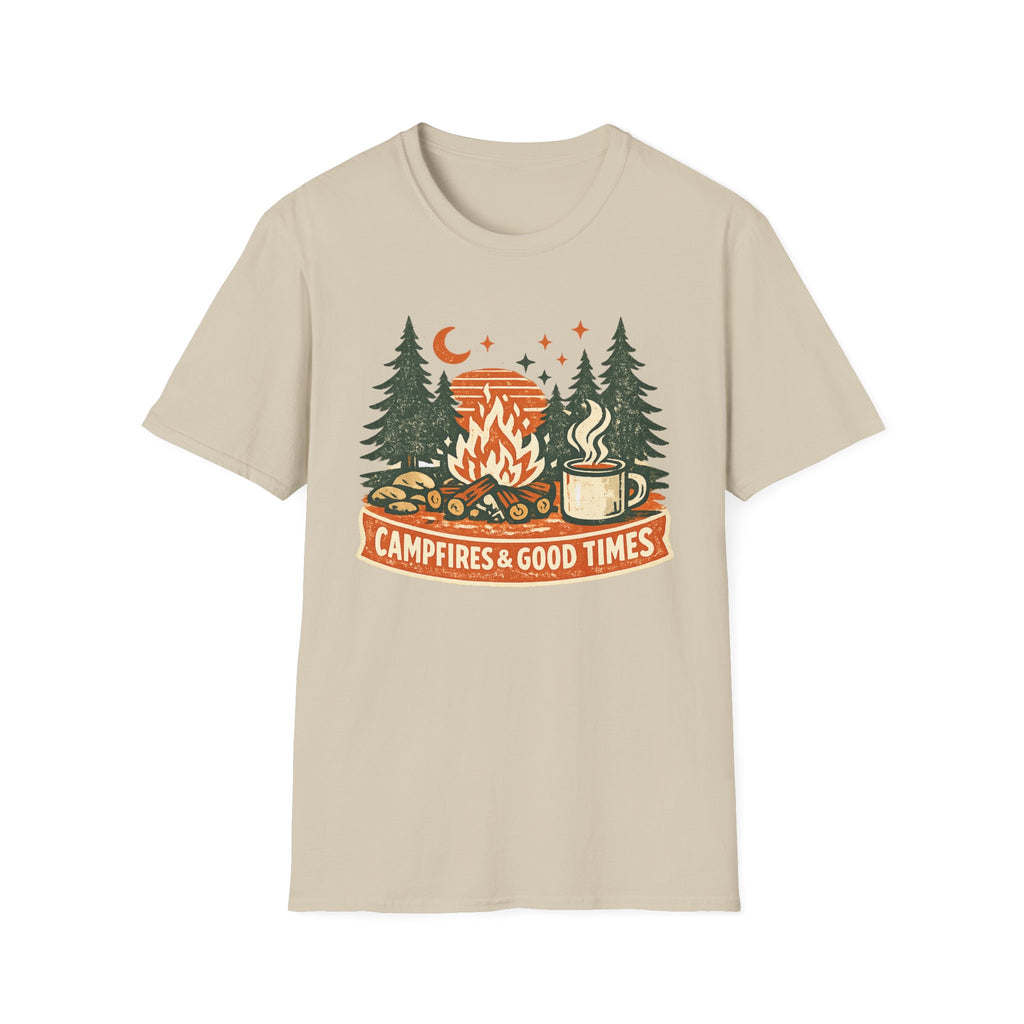 "Campfires & Good Times" T-Shirt — Retro Camping Tee with Bonfire, Trees & Coffee Mug