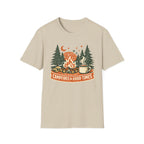"Campfires & Good Times" T-Shirt — Retro Camping Tee with Bonfire, Trees & Coffee Mug