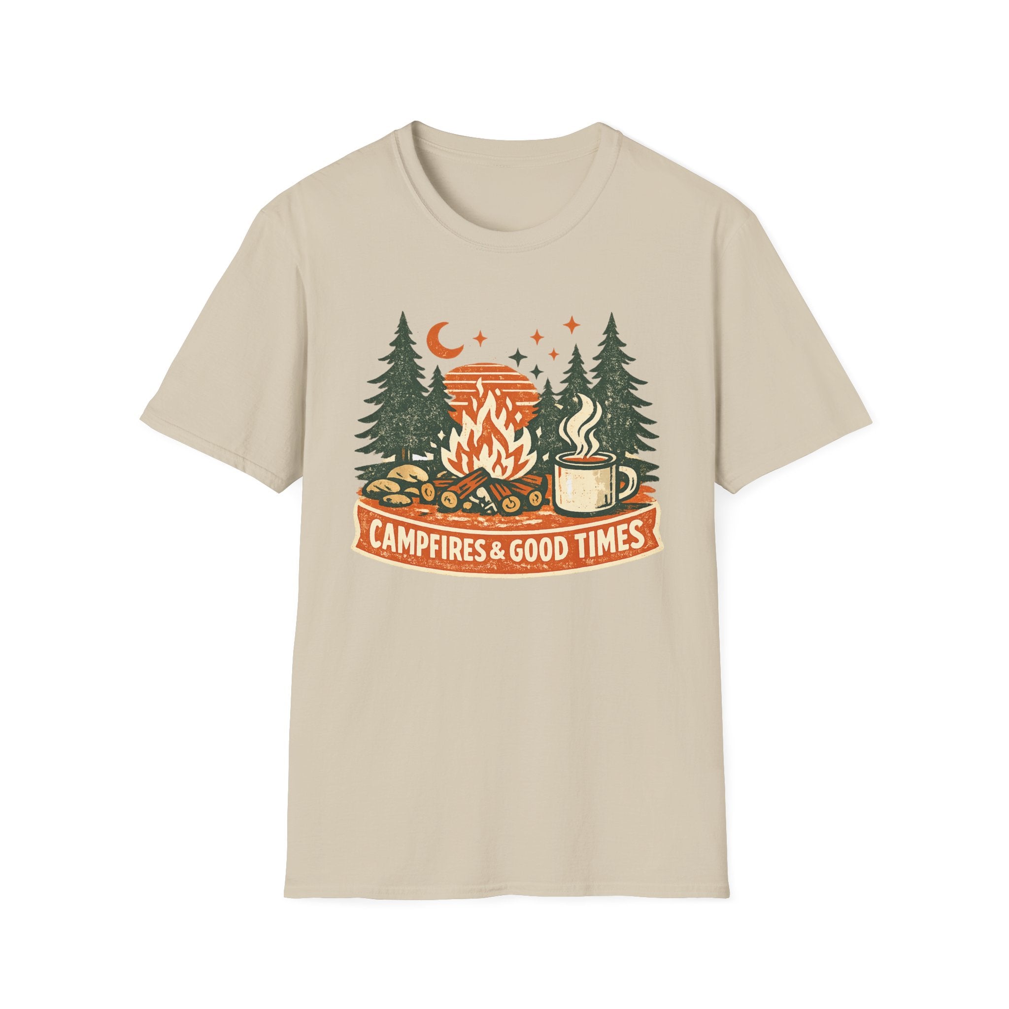"Campfires & Good Times" T-Shirt — Retro Camping Tee with Bonfire, Trees & Coffee Mug