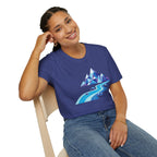 Mountain River T-Shirt — Geometric Blue Peaks & Flowing River
