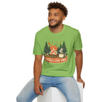 "Campfires & Good Times" T-Shirt — Retro Camping Tee with Bonfire, Trees & Coffee Mug