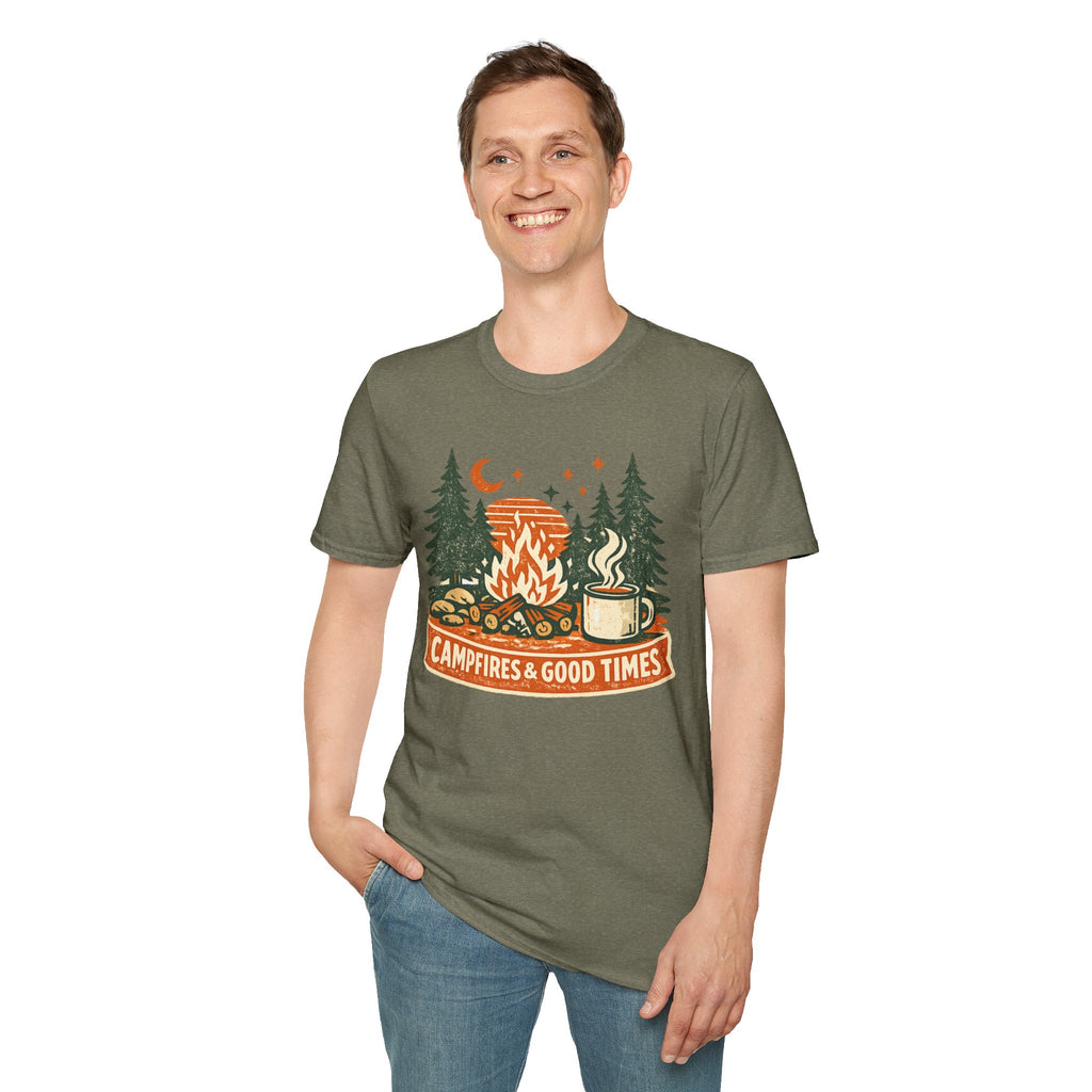"Campfires & Good Times" T-Shirt — Retro Camping Tee with Bonfire, Trees & Coffee Mug