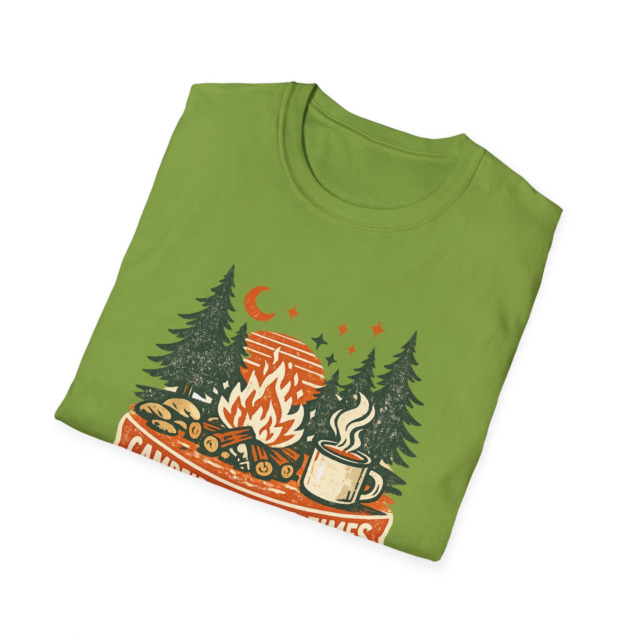 Campfires & Good Times T-Shirt — Retro Camping Tee with Bonfire, Trees & Coffee Mug