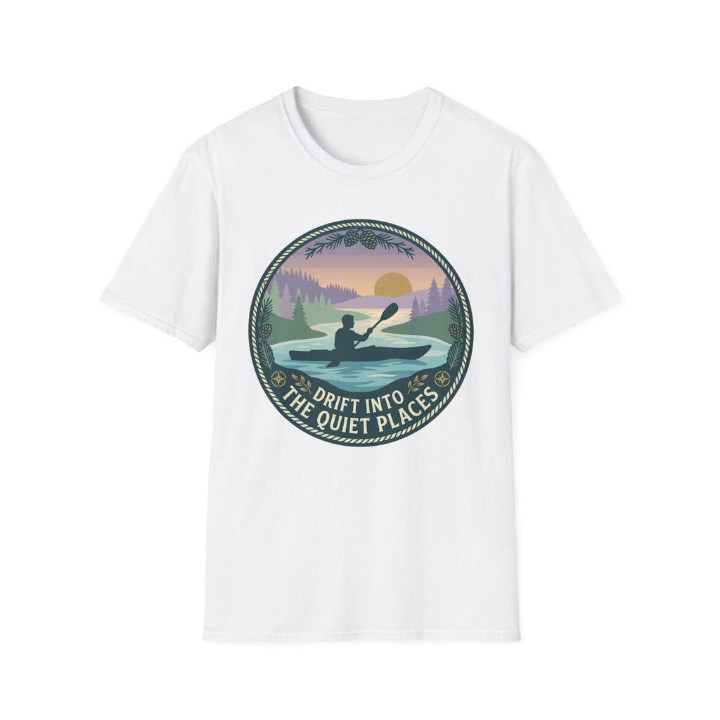 Kayak Sunset T‑Shirt — "Drift Into The Quiet Places" Outdoor Relaxation Tee