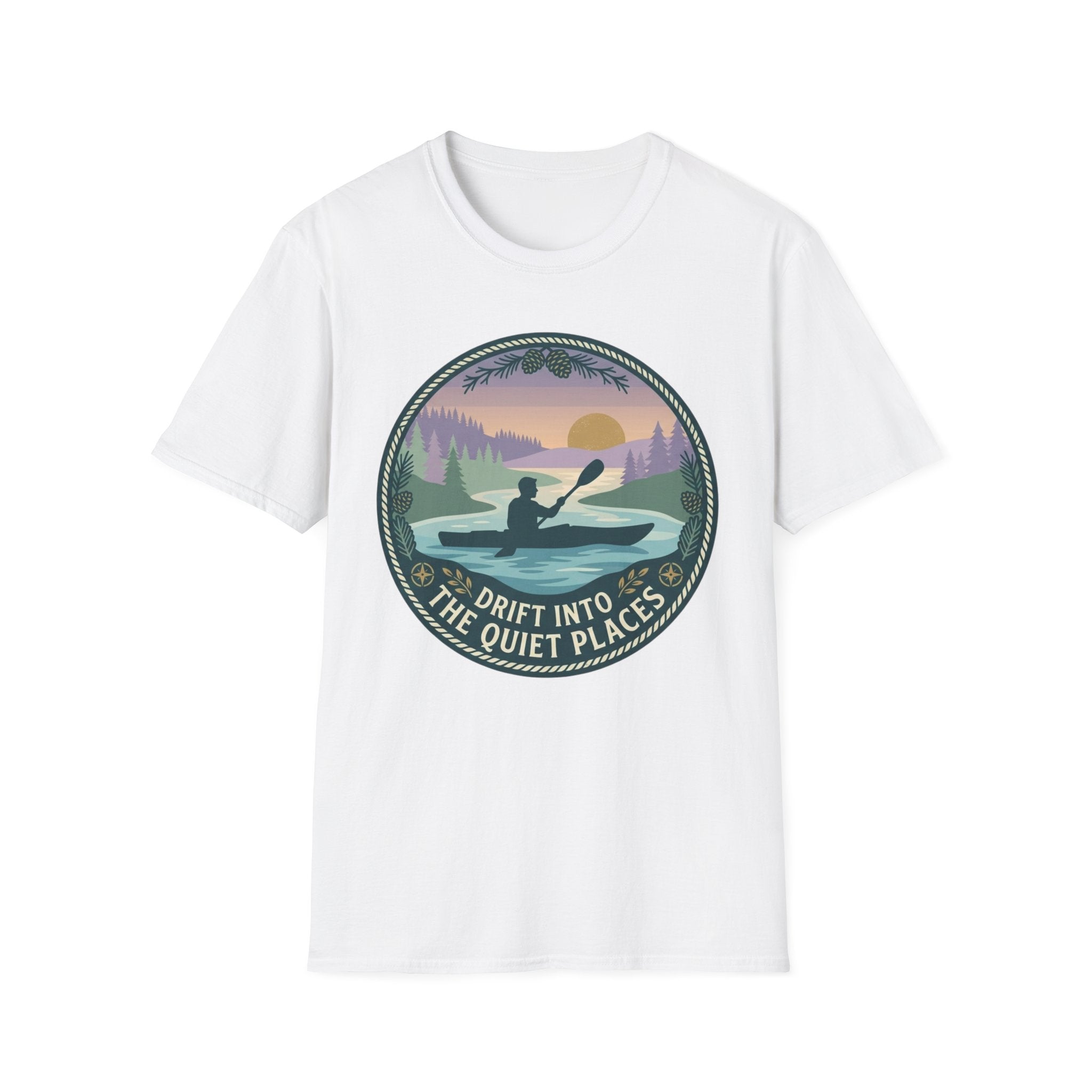 Kayak Sunset T‑Shirt — "Drift Into The Quiet Places" Outdoor Relaxation Tee