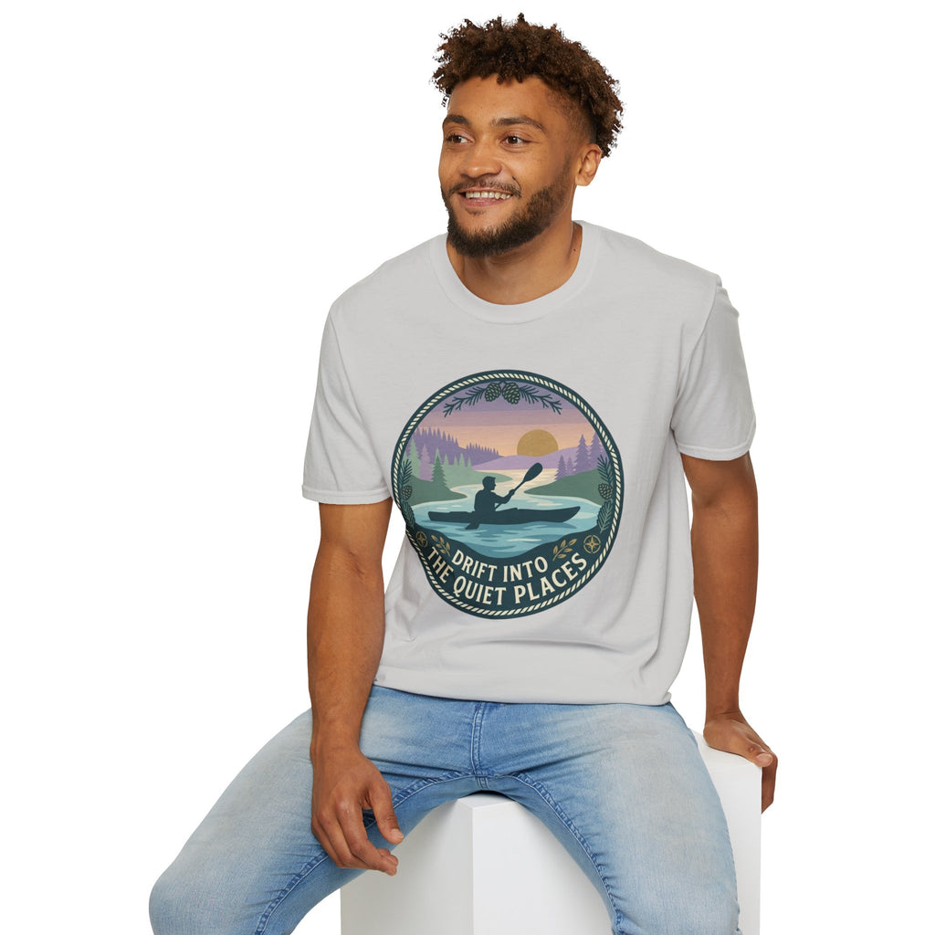 "Drift Into The Quiet Places" Kayak Sunset T‑Shirt — Outdoor Relaxation Tee Shirt