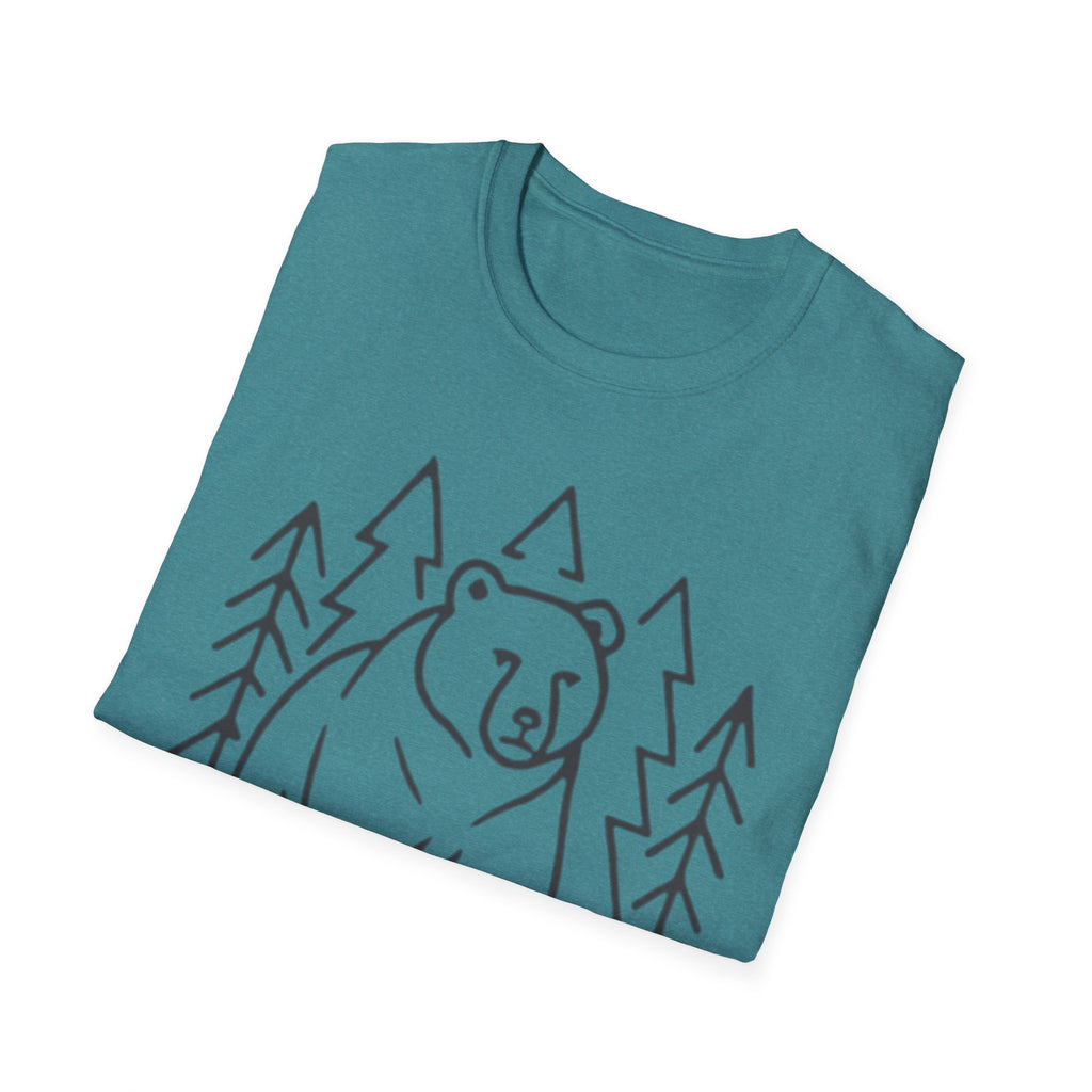 Bear & Pines T-Shirt — Minimal Line Drawing Woodland Tee