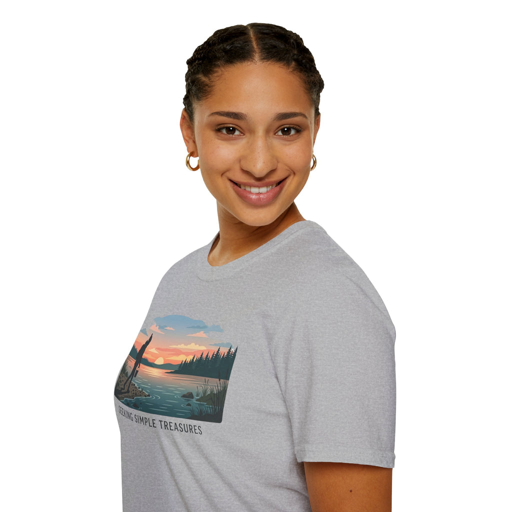 Outdoor T-Shirt — "Seeking Simple Treasures" Sunset Hiker Graphic