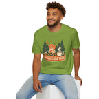 "Campfires & Good Times" T-Shirt — Retro Camping Tee with Bonfire, Trees & Coffee Mug