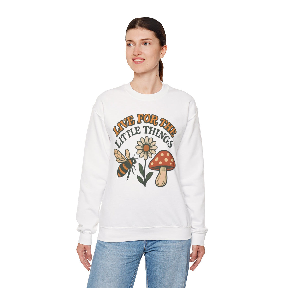 "Live For The Little Things" Bee, Daisy & Mushroom Retro Nature Design Crewneck Sweatshirt