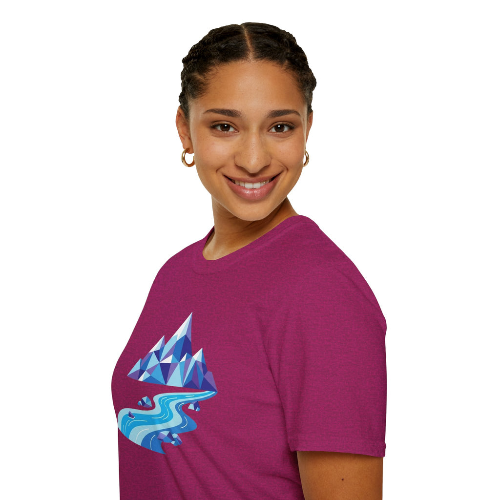 Mountain River T-Shirt — Geometric Blue Peaks & Flowing River