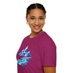 Mountain River T-Shirt — Geometric Blue Peaks & Flowing River