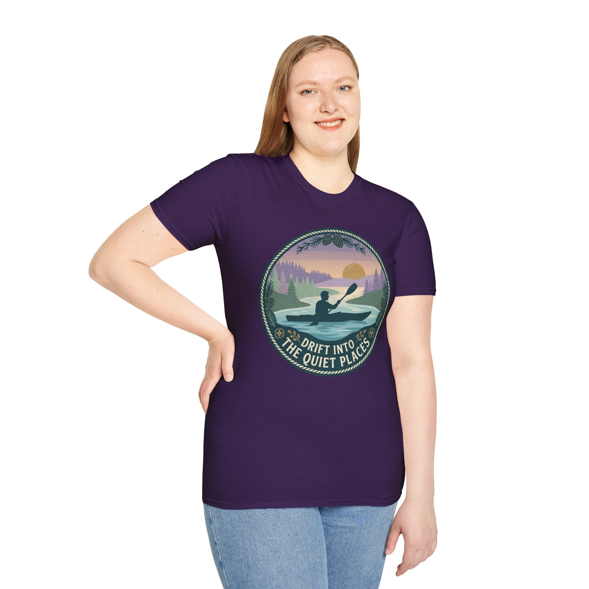 Kayak Sunset T‑Shirt — "Drift Into The Quiet Places" Outdoor Relaxation Tee