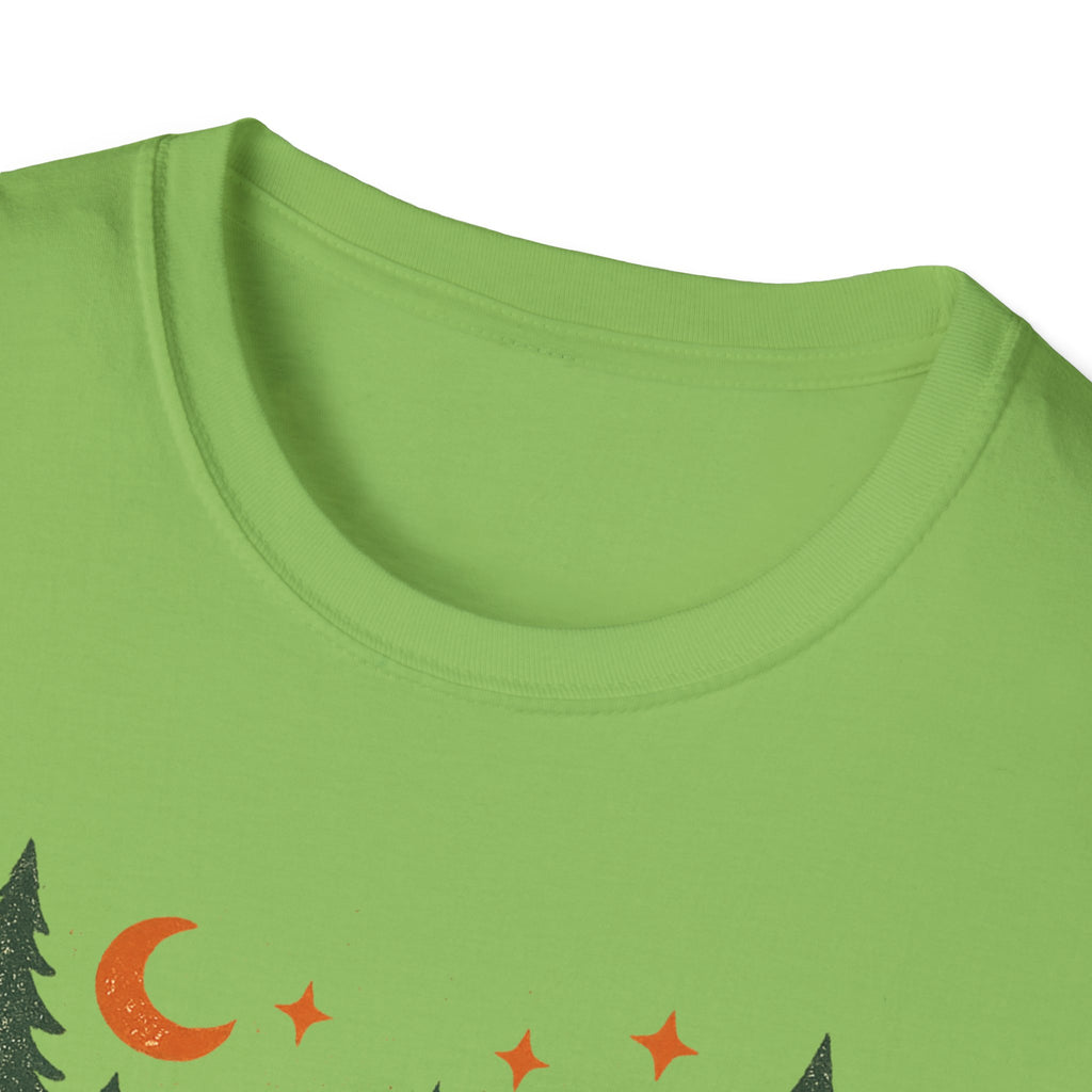 "Campfires & Good Times" T-Shirt — Retro Camping Tee with Bonfire, Trees & Coffee Mug
