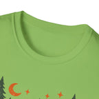 "Campfires & Good Times" T-Shirt — Retro Camping Tee with Bonfire, Trees & Coffee Mug