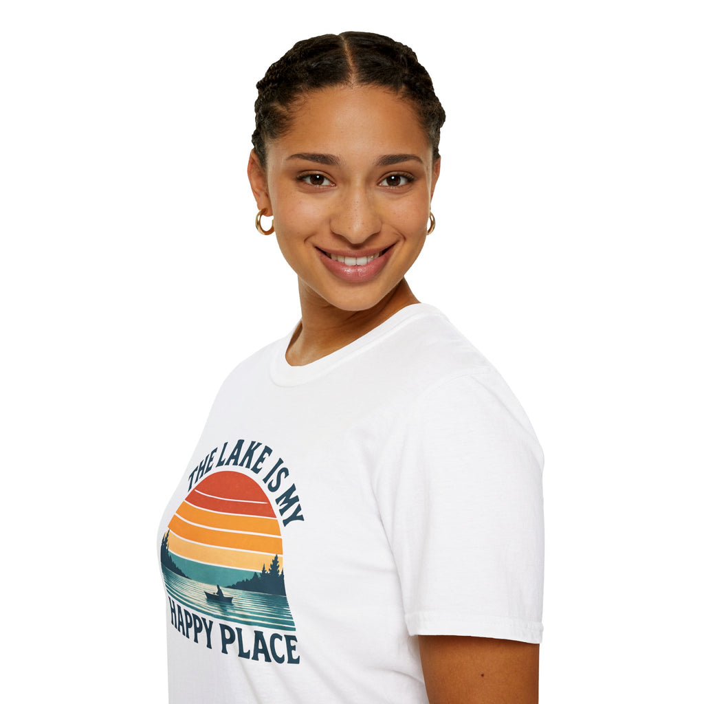 Canoe On The Lake At Sunset "The Lake Is My Happy Place" T-Shirt