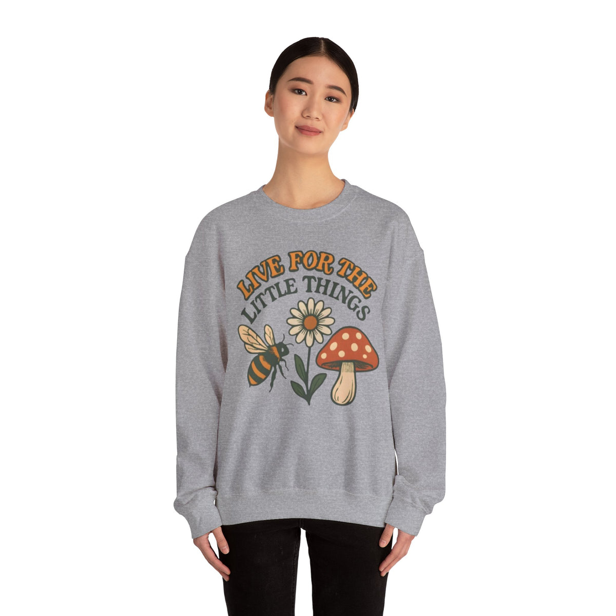 "Live For The Little Things" Bee, Daisy & Mushroom Retro Nature Design Crewneck Sweatshirt