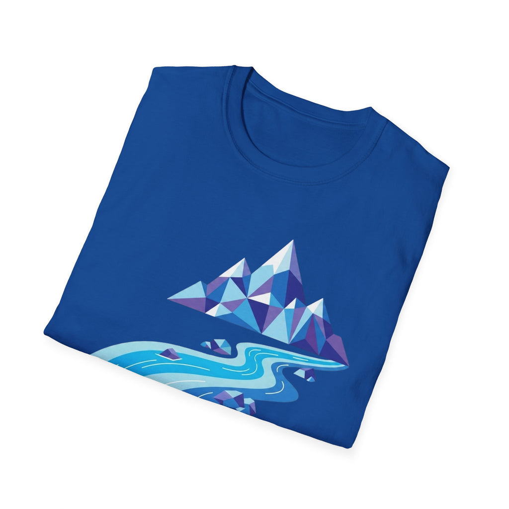 Mountain River T-Shirt — Geometric Blue Peaks & Flowing River