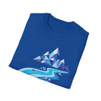 Mountain River T-Shirt — Geometric Blue Peaks & Flowing River