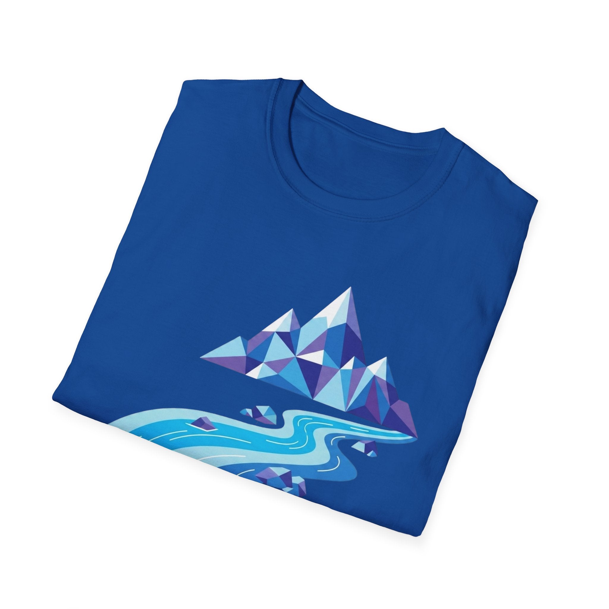Mountain River T-Shirt — Geometric Blue Peaks & Flowing River