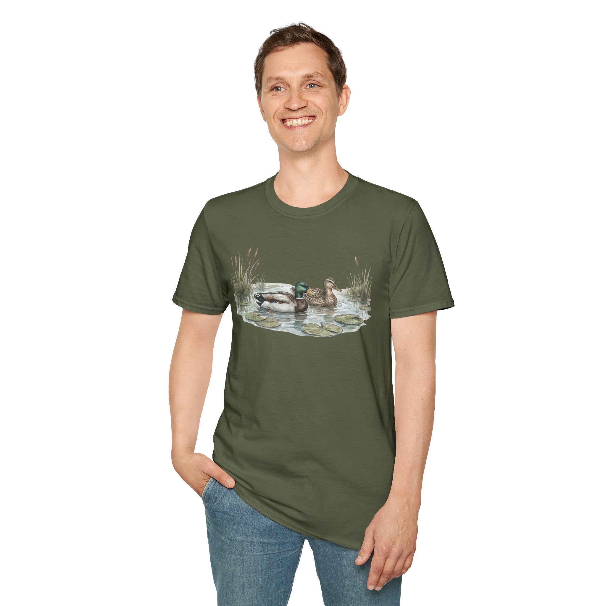 Duck Pair T-Shirt — Watercolor Mallard Ducks on Pond Nature Tee