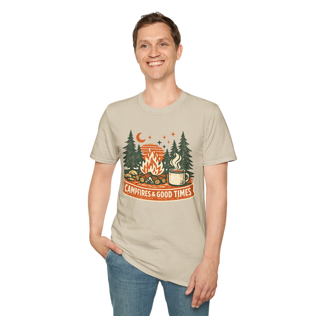 "Campfires & Good Times" T-Shirt — Retro Camping Tee with Bonfire, Trees & Coffee Mug