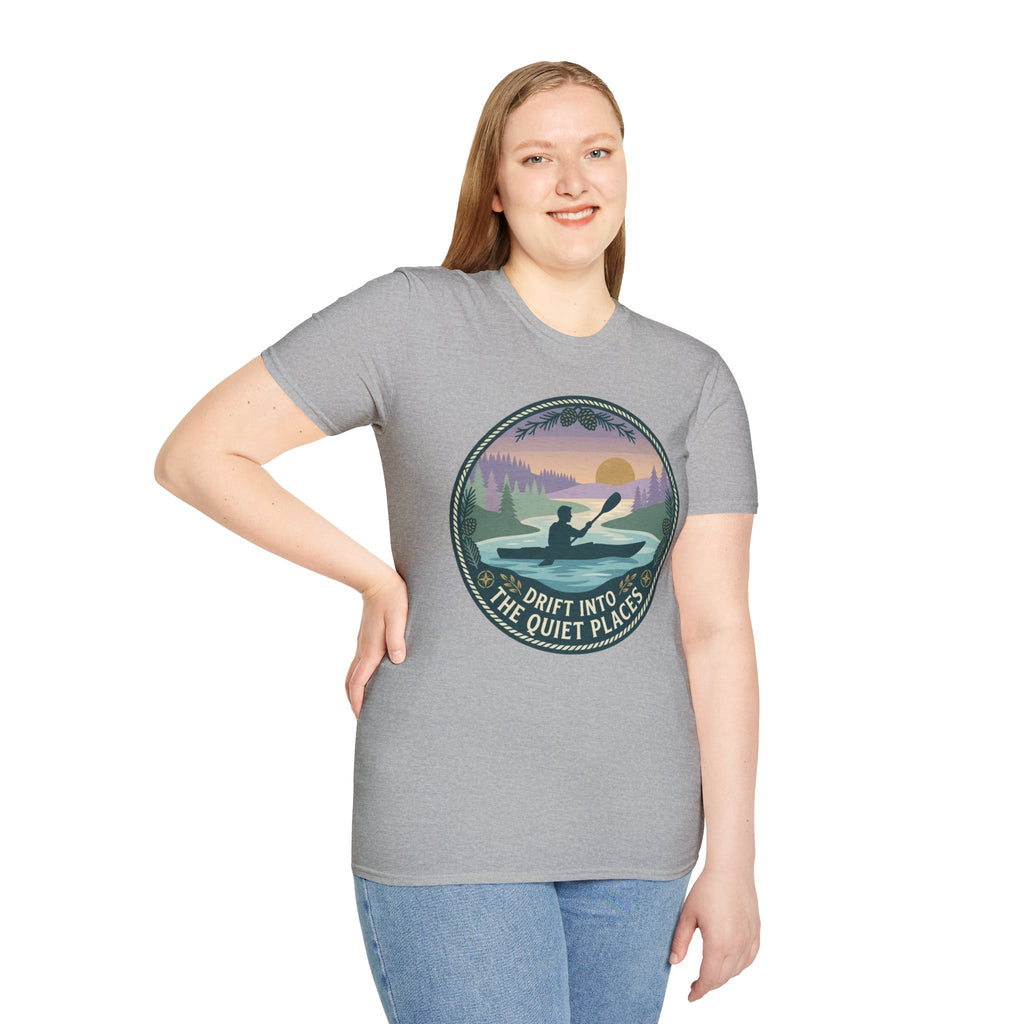 Kayak Sunset T‑Shirt — "Drift Into The Quiet Places" Outdoor Relaxation Tee