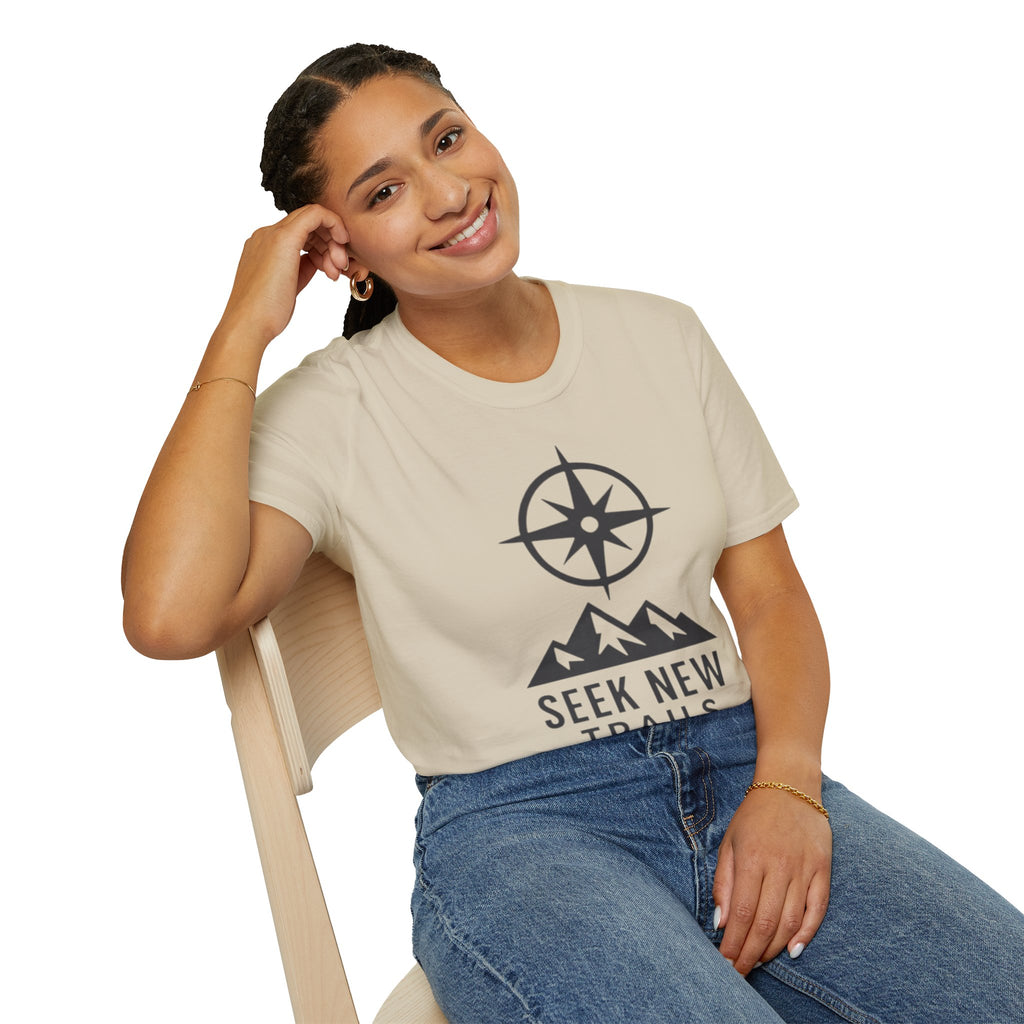 "Seek New Trails" Compass Over Mountains T-Shirt