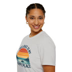 Canoe On The Lake At Sunset "The Lake Is My Happy Place" T-Shirt