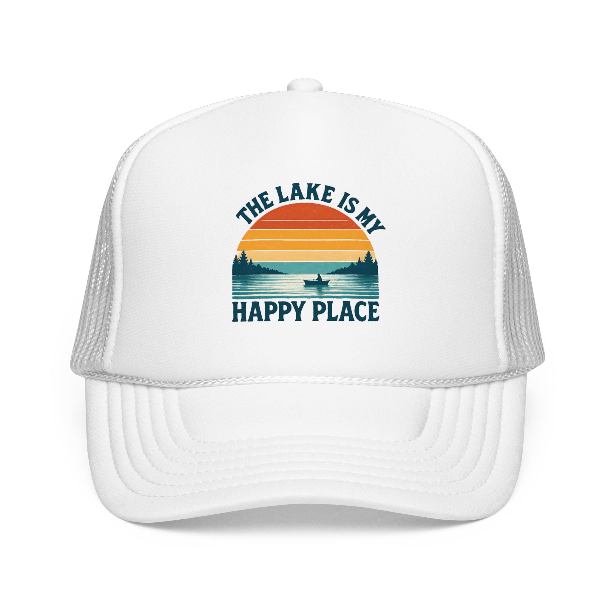 Lake Is My Happy Place Trucker Hat — Vintage Sunset Fishing Foam Cap